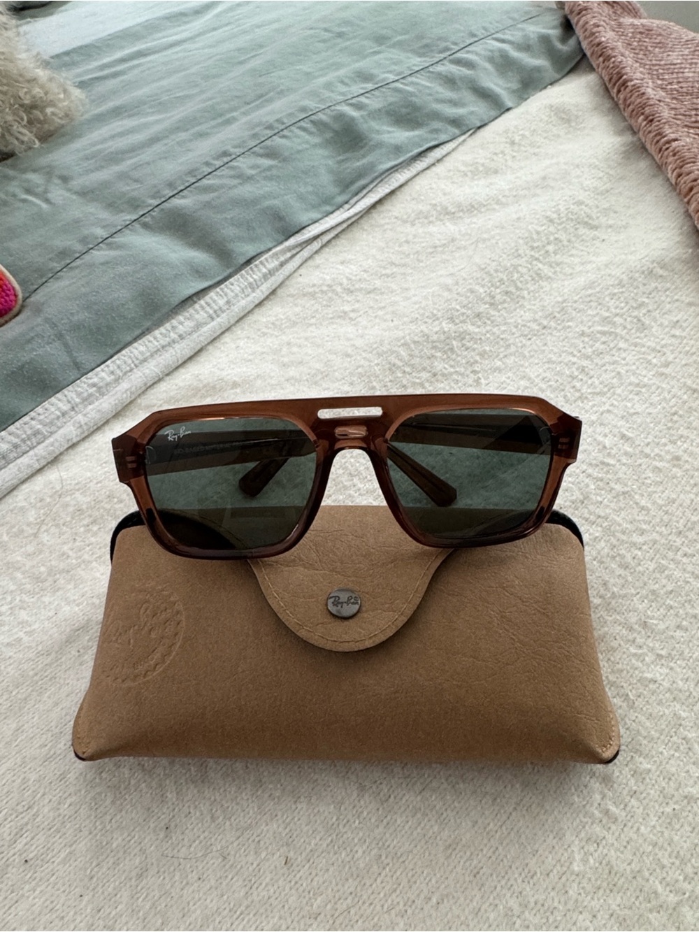 Ray-Ban Brown Tortoise Rectangular Sunglasses with Green Lenses
